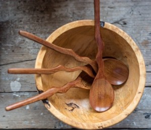 Turned wooden bowls and carved utensils at Kah-Nee-Tah Gallery.