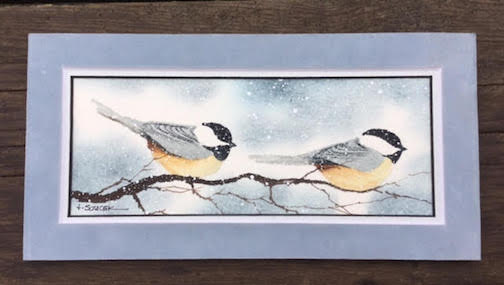 Chickadees, watercolor, by Tom Soucek.