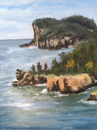 This painting by Sandi Pillsbury-Gredzens is on display at Tettegouche State Park.