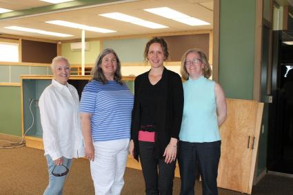 Art Colony representatives in the new space include, from left, Sally Berg, board President, Kathi.    , Ruth Pzwaro, artistic director and Lyla.  executive directorBerg, De