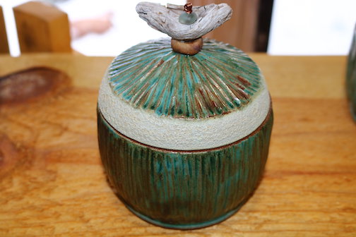 A covered jar by Natalie Sobanja, one of the pieces in the Pot Luck of Art exhibit at the Johnson Heritage Post this month.