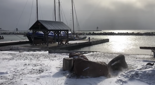 A little wind and snow on the harbor today. Photo courtesy of North House Folk School.