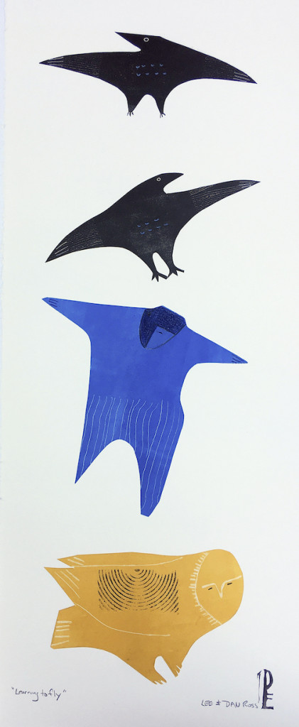 Learning to Fly, mono print, by Lee Ross.