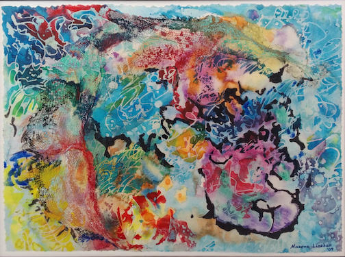 Disappearing Drago, acrylic, ink, batik collage by Maxene Linehan.