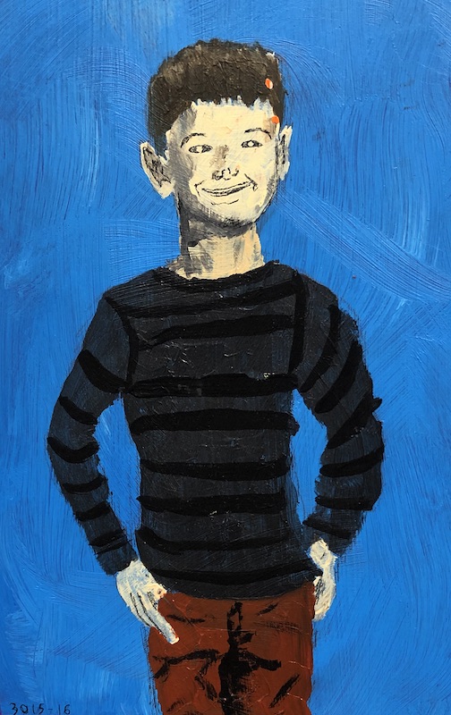 Self-Portrait, detail, by Sterling Pollock, painted on a skateboard deck.