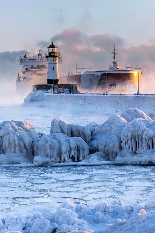 The Edgar R. Speer entering Duluth at sub-zero temps by Jeffrey Doty.