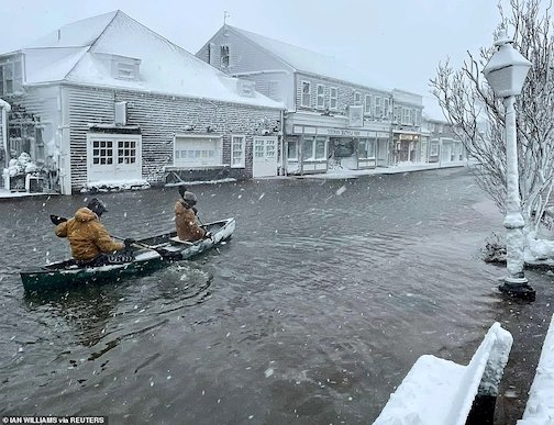 Paddling in winter. Nantucket High School students paddled the streets in the winter storm last week. Photo by Ian Williams via Reuters.