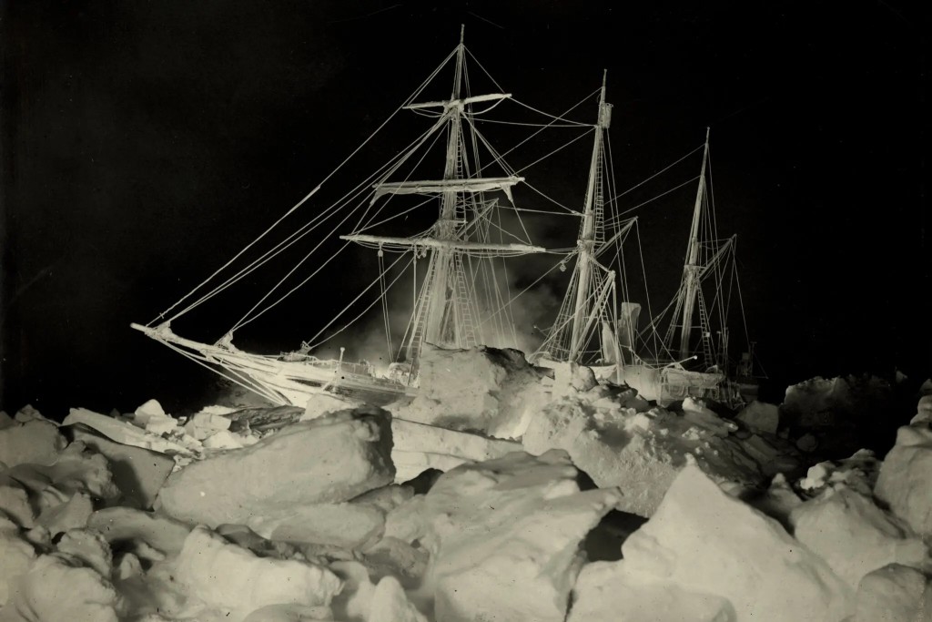 Endurance in 1915, trapped in Antarctic ice but not yet crushed.  Credit...Frank Hurley/Scott Polar Research Institute, University of Cambridge, via Getty Images.
