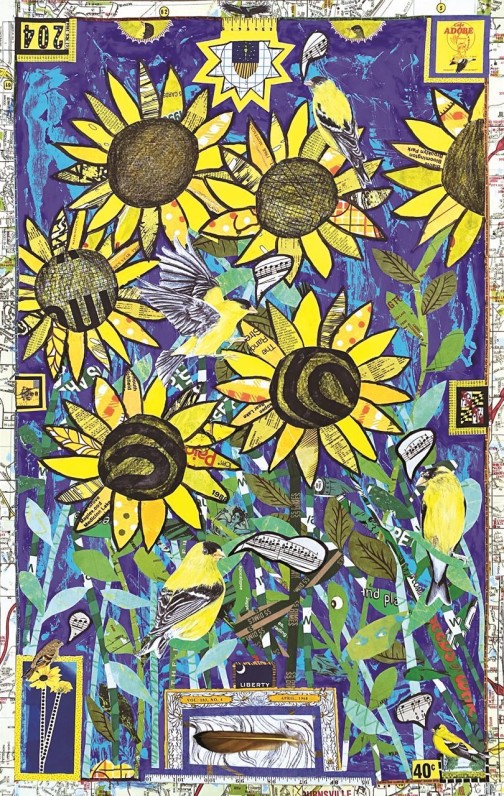 “Yellow Finches Over Sun Flowers,” mixed media & pencil, 2022, by Wynn Davis. 