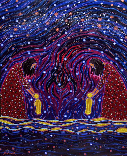 Water is sacred, acrylic, by Christi Belcourt.