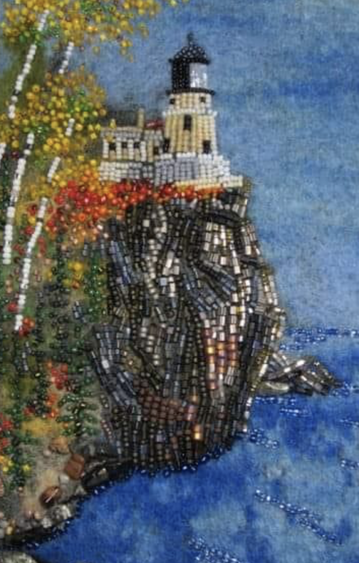 Split Rock  Lighthouse, beadwork on felt, by Jo Wood.