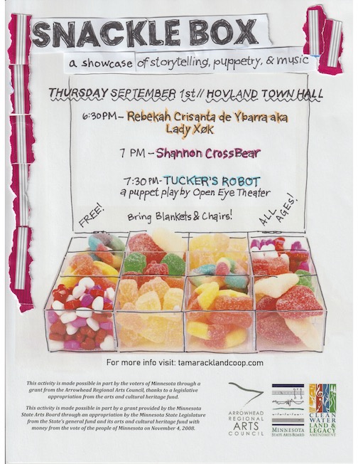 Snacklebox will be at the Hovland Town Hall at 6:30 pm on Thursday.