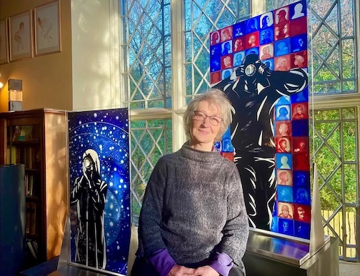 Alison Kinnaird with two of her pieces at her home in England.