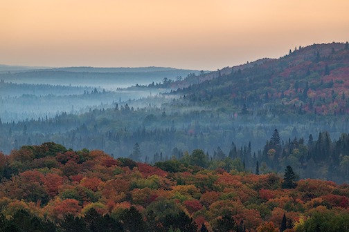 Maple Ridgelines on foggy autumn morning, Sawtooth Highlands by Jim Schnortz.