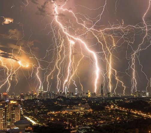 Multiple lightning bolts, Kuala Lampur by Fendy Gan. Taken over a 40-minute period.