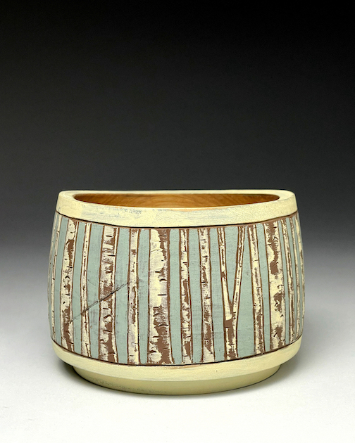 Wood-turned birch bowl, carved and painted with milk paint by Jim Sannerud.