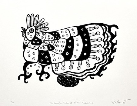 The Broody Chicken at Nimkii Aazhibikong, print,  by Christi Belcourt.