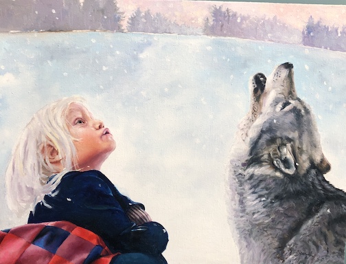 Howling, oil, by Scott Murphy, is one of the paintings in the Ebodiment exhit at Lizzard's Gallery.