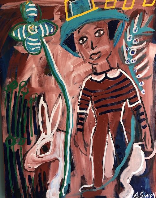 Run Rabbit Run, acrylic, by Adu Gindy, is one of the paintings in the Embodiment exhibit at Lizzard's Gallery.