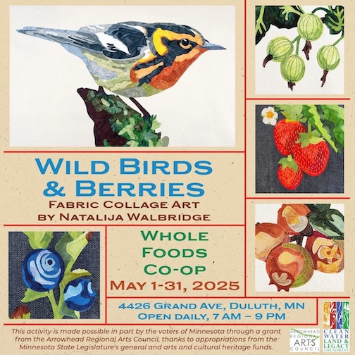 Wild Birds & Berries, fabric collage art by Natalija Walbridge