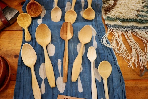 Gather, an exhibit of work by a cohort of the Artisan Develoment Program wil oen with a recepetion at North handcarved spoon by Mary Tripoli, weaving by Liz O Brian.