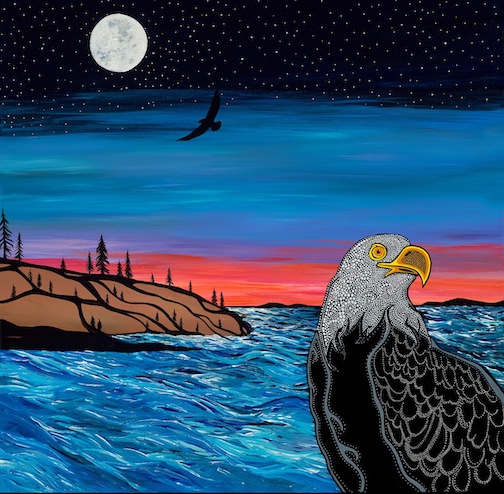 Migizi, acrylic, by Sam Zimmrman is oneoff the paintings currently on view at Tettegouche State Park.