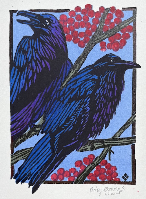 Ravens and Mountain Ash, a new woodcut print by Betsy Bowen. She will be one of the artists at the Grand Marais Arts festival.