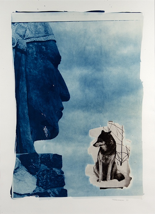 In the Permanant Collections at the Thunder Bay Art Gallery Wolf at Indian Head, Saskatchewan, 1997 Cyanotype and Van Dyck brown on paper by Mary Ann Barkhouse.