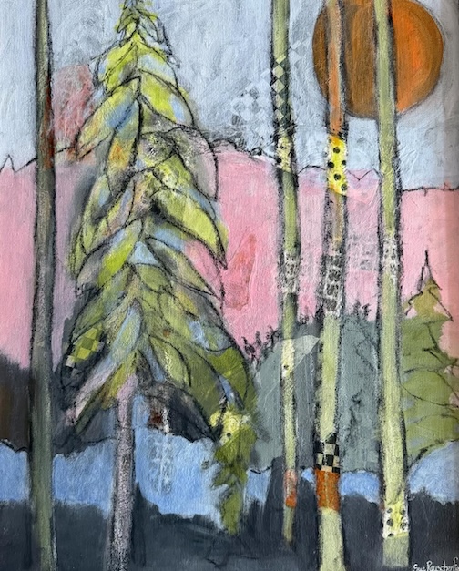 Moonlit Birch, acrylic, by Sue Rauschenfels.