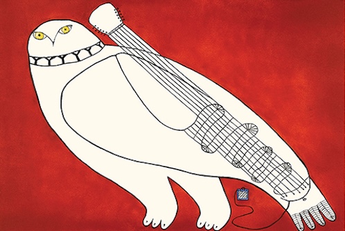 Pingnguaqti Player, etching and hand-coloring print, by Ningiukulu Teevee, is one of the Cape Dorset prints on view at Sivertson Gallery.