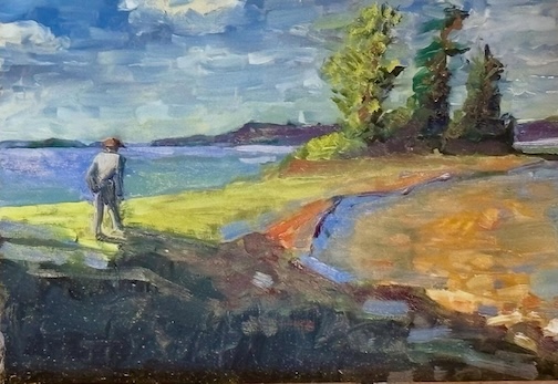 Tombolo, Maine, oil, by Marcia Roebke.