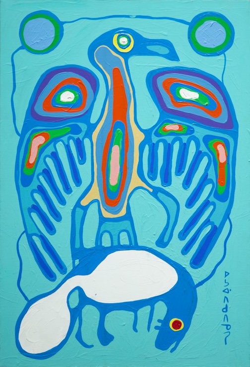 Untitled (Copper Thunderbird survival with help from fish spirits) nd, acrylic on canvas, by Norval Morrisseau. is currently on view at theThunder Bay Art Gallery