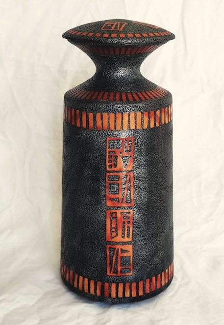 Untitled, lidded vessel, turned ash woods, painted, by Robb Glibbery.