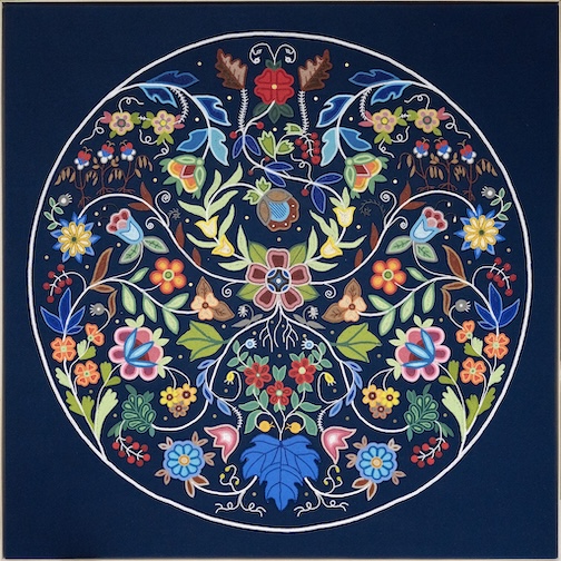 From Earth To Sky (Everything We Need is Right Here), Wool stroud, beads, thread, brass sequencesby Christi Belcourt.