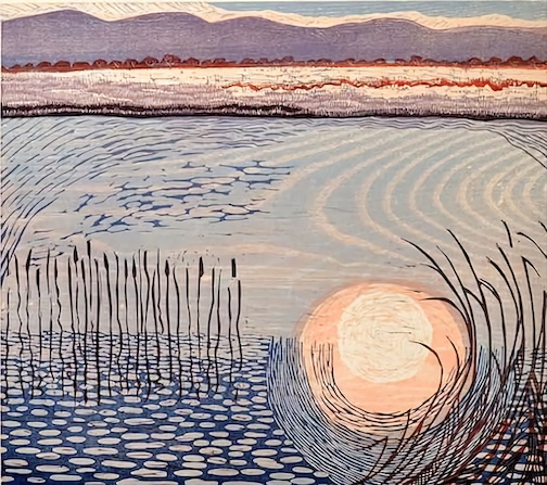 Stillness, woodcut and linocut by Charlotte Baxter.