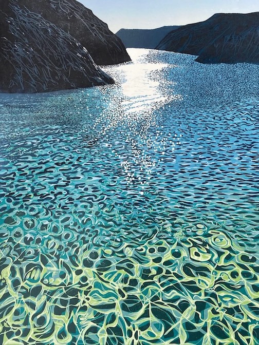 Kynance Light, Kynance Cove, reduction linocut, 2023, by Hazel McNab.