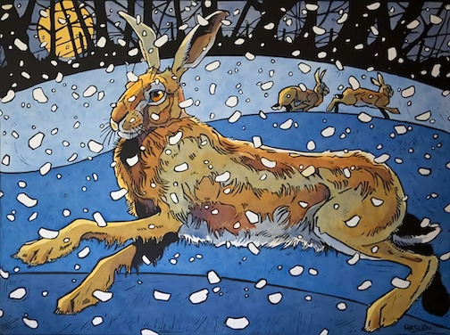 Winter Hare III, linocut and watercolor by Andrew Haslan.