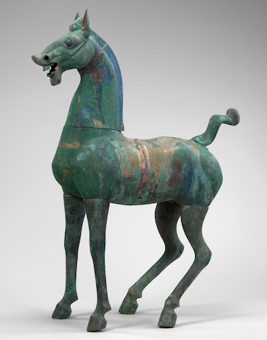 China, Eastern Han dynasty (25–220 CE), Celestial Horse, 1st century CE, bronze with traces of polychrome, is on view at the MIA.