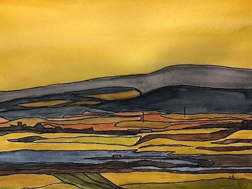 An abstract study of a village area in Russia, acrylic, by Elizabeth Hlookoff.