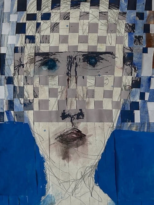 Behind Blue Eyes, collage, by Kim Dayton.