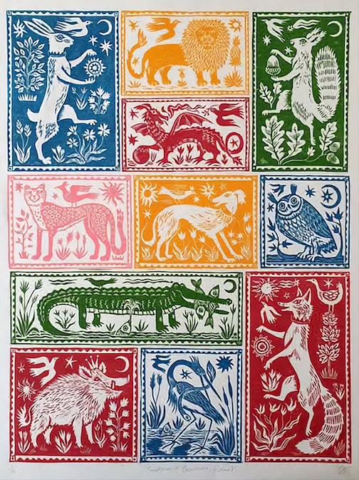Birds and Beasties ~ a narrative jigsaw composition, linocut, by Diana Catchpole.