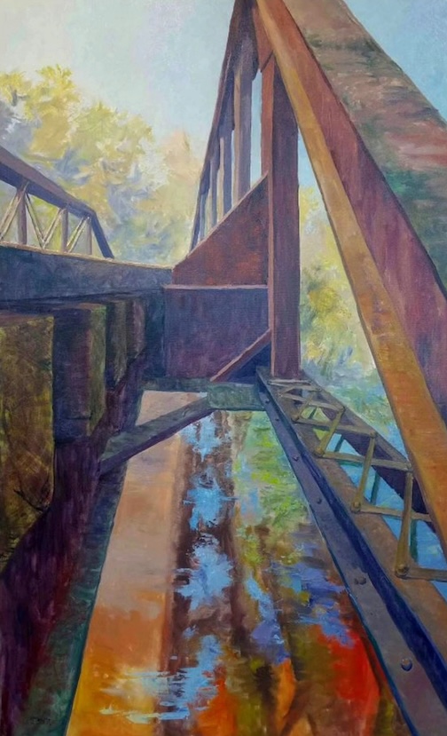 Bridge over colored water, oil, by Greg Lecker.
