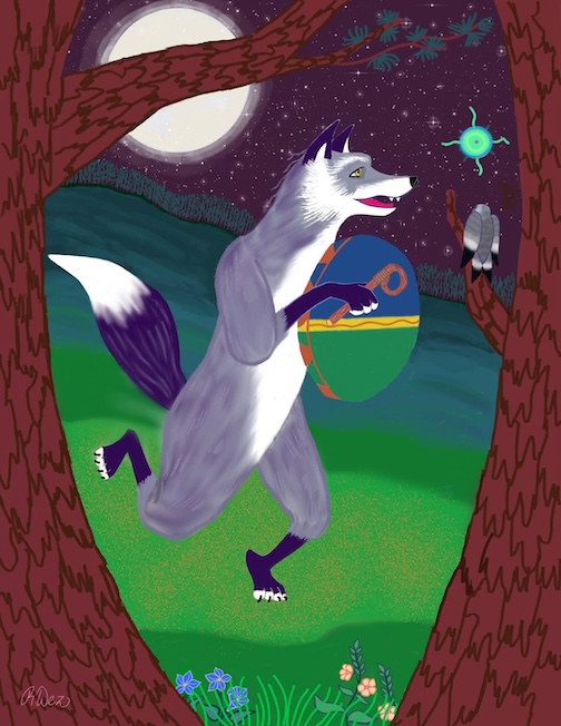 Nagamon Zhooniyaa Waagosh, Song of the Silver Fox, acrylic, by Robert Desjarlait.