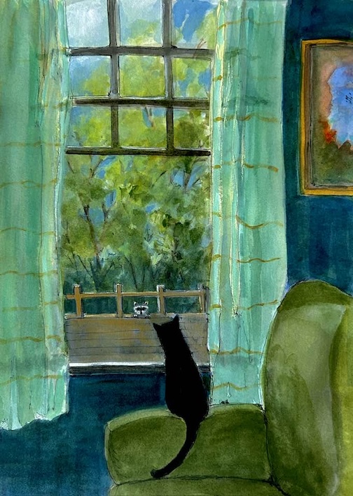 The black cat confronts the masked intruder, watercoloro by Jan Waldron.