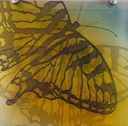 Swallowtail Butterfly duaed glass by Nancy Seaton.