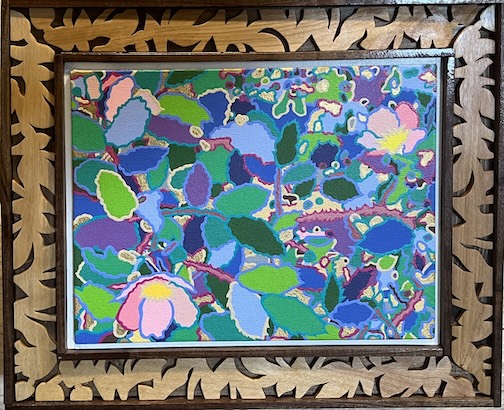 Wild Rose Three, acrylic, with hand-carved frames by Steven Dahlstrom.