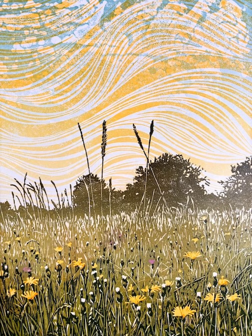 Dandelion Skies, linocut, by Susan Noble..