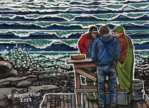 Discussing fish and politics, acrylic, by Reilly Fitzgerald.