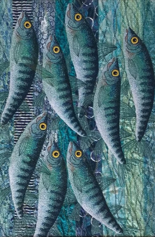Mackerel, free-motion machine embroidery and hand stitching by Rachel Brown.