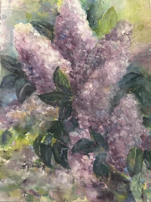 Lilass andMemories, mixed media, by Sue Pavlotos, in the Lilac exhibit at the office of Lake Superior Magazine, second floor of the Holiday Center